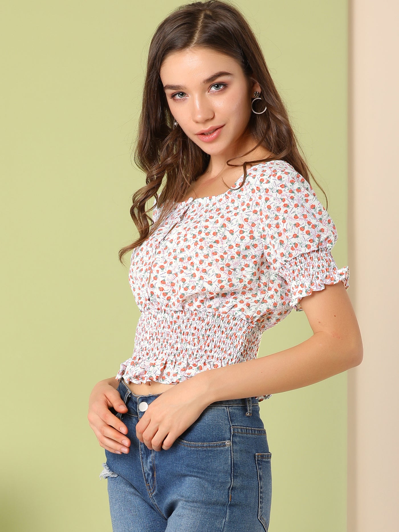 Allegra K Floral Square Neck Cute Ruffle Smocked Crop Top
