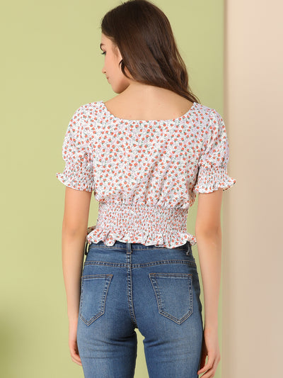Floral Square Neck Cute Ruffle Smocked Crop Top