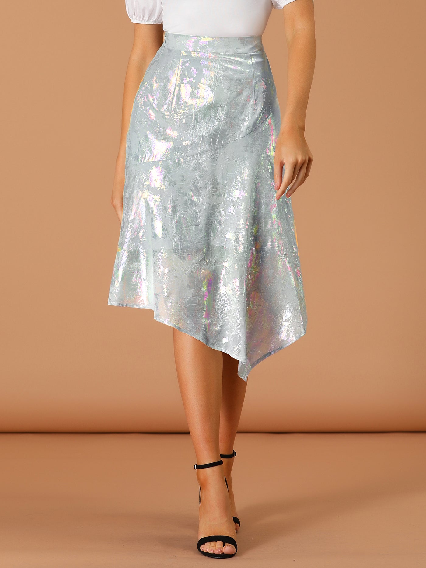 Allegra K Sparkle Holographic Chiffon Asymmetric Hem Skirt