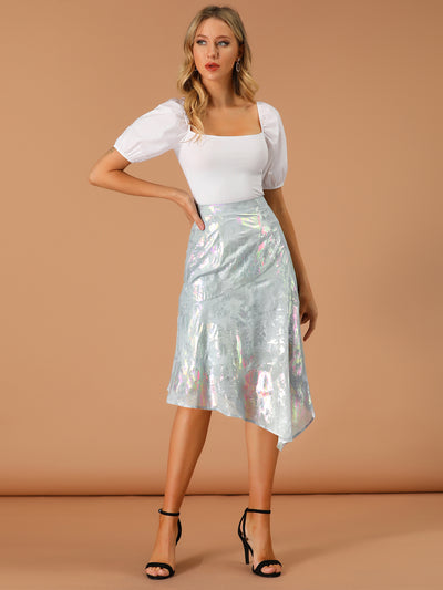Sparkle Holographic Chiffon Asymmetric Hem Skirt