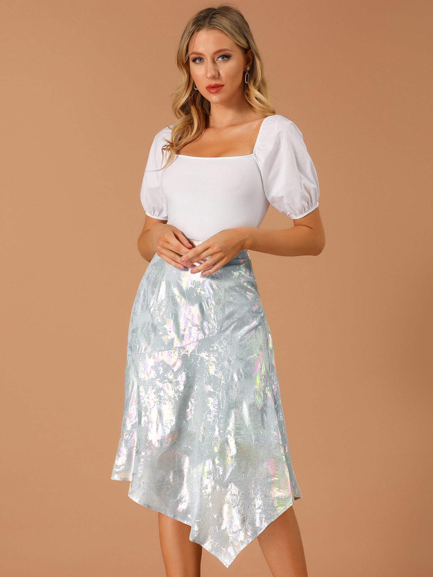 Allegra K Sparkle Holographic Chiffon Asymmetric Hem Skirt