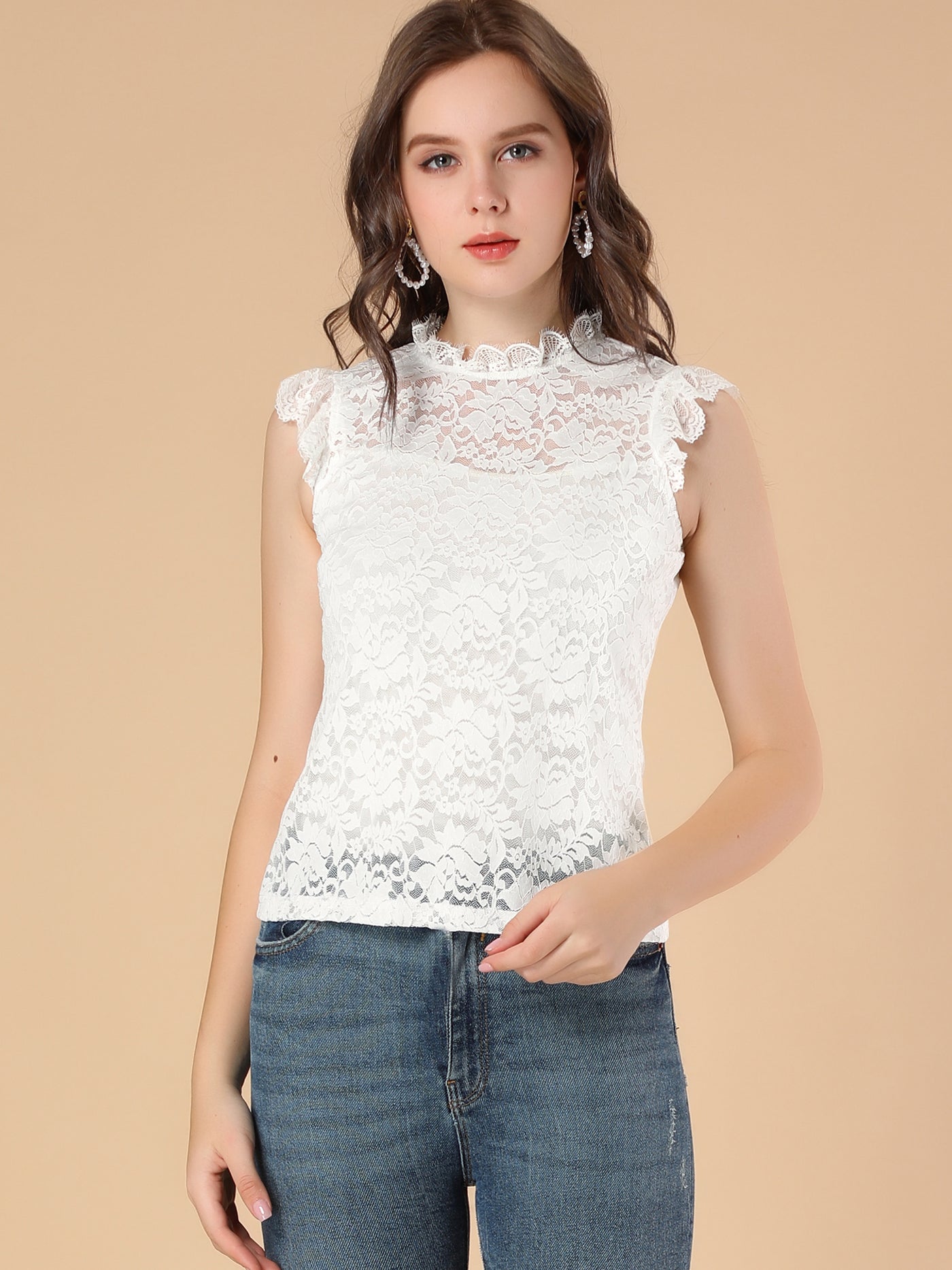 Allegra K Sleeveless Blouse See Through Ruffle Semi Sheer Floral Lace Top