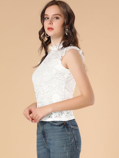 Sleeveless Blouse See Through Ruffle Semi Sheer Floral Lace Top