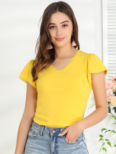 Summer V Neck Lace Trim Tee Casual Flutter Sleeve Top