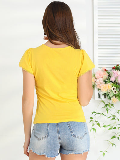Summer V Neck Lace Trim Tee Casual Flutter Sleeve Top