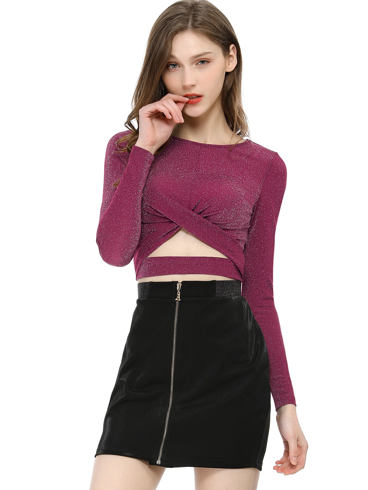 Allegra K Glitter Crop Tops Twist Long Sleeve Cut Out Slim Fitted Sparkle Top