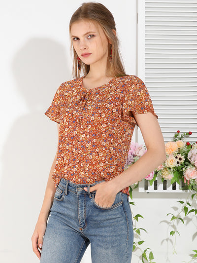 Tie Neck Short Sleeve Ruffled Floral Blouse