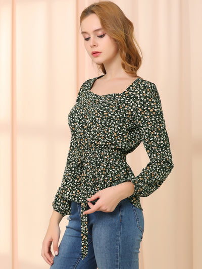 Long Sleeve Square Neck Belted Peplum Floral Top Blouse