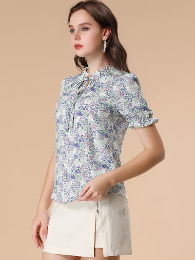 Ruffle Self Tie Neck Puff Short Sleeve Work Floral Blouse