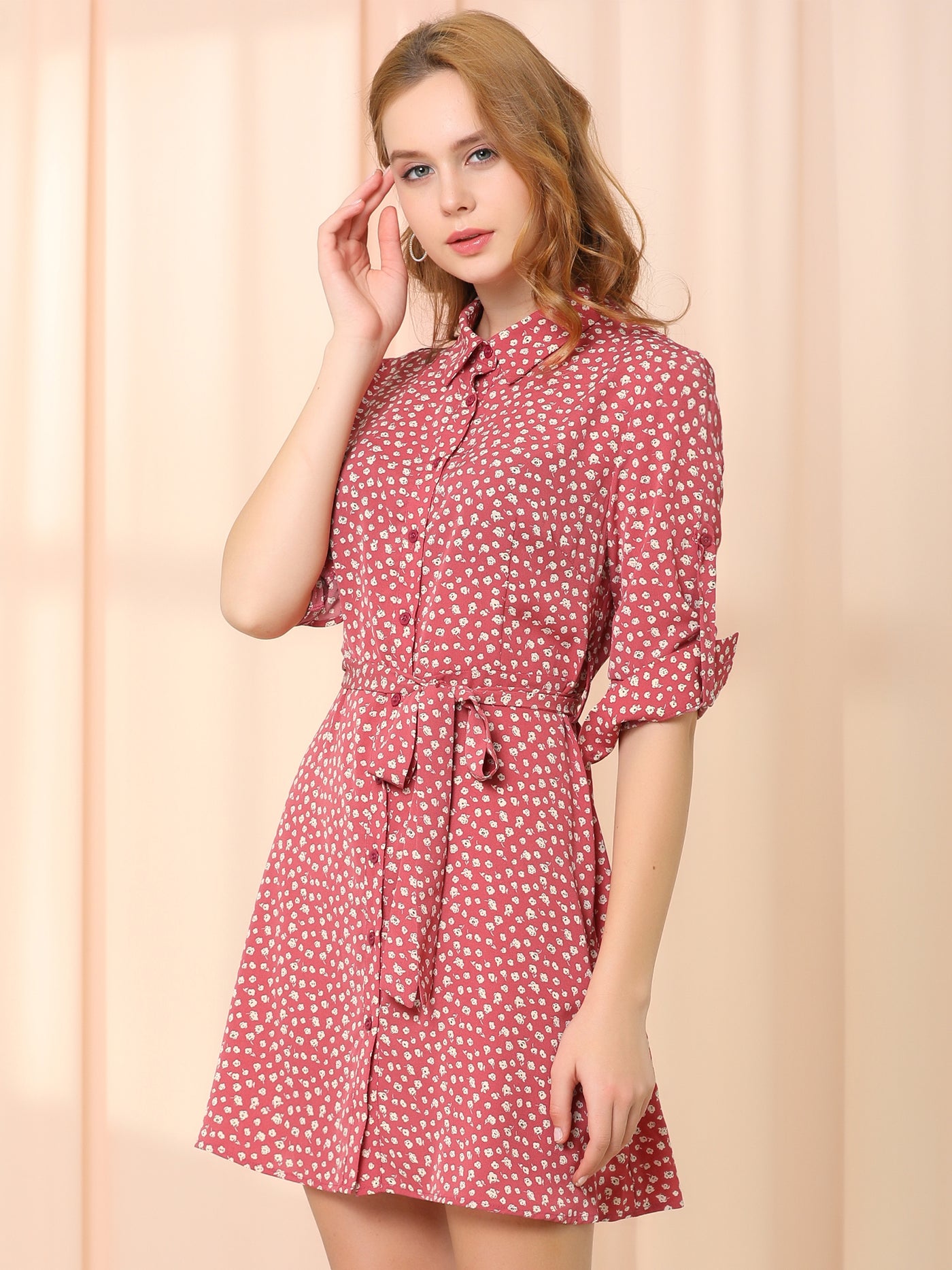 Allegra K Collared Long Sleeve Shirtdress Belted Button Down Ditsy Floral Dress