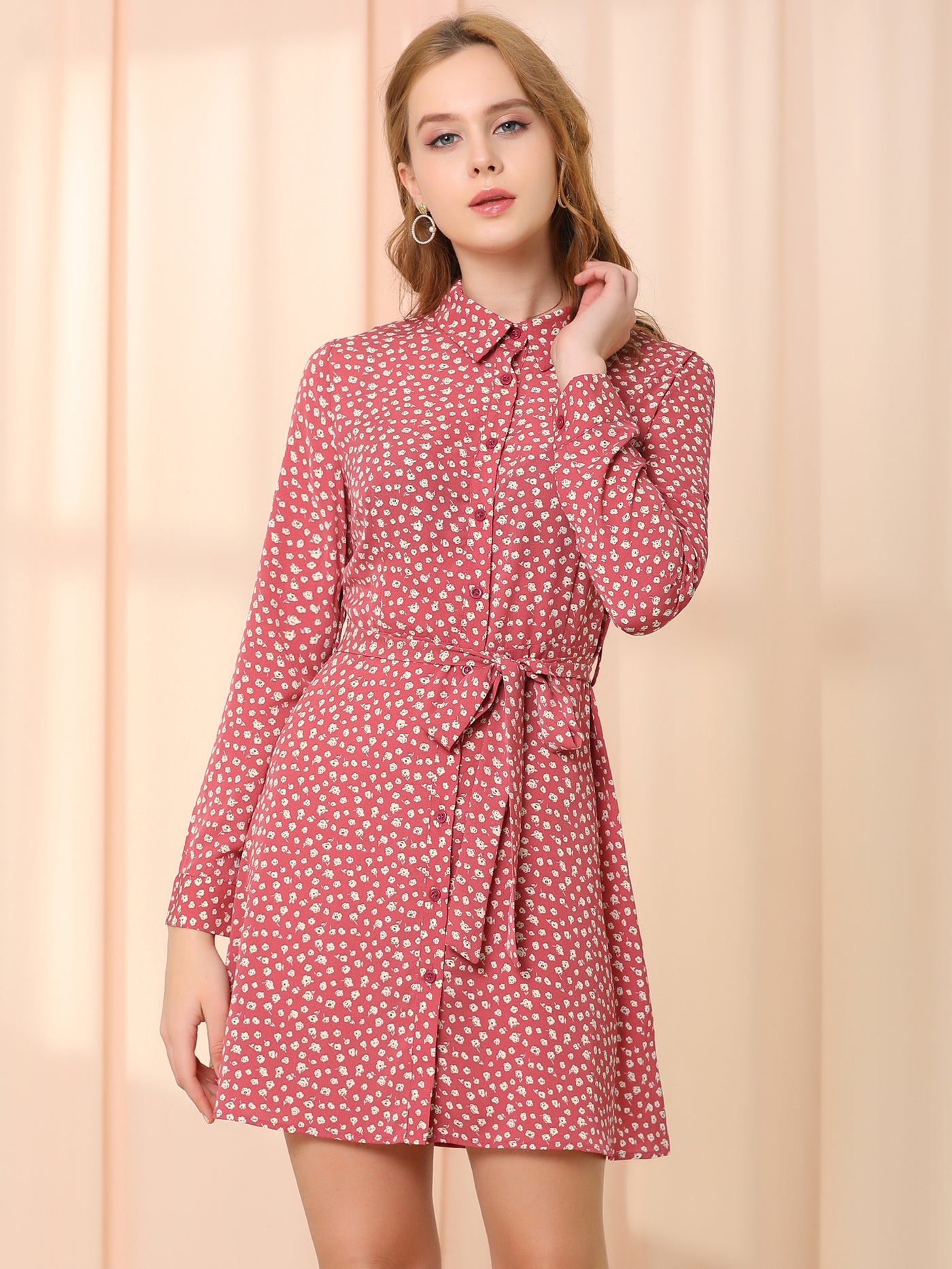Allegra K Collared Long Sleeve Shirtdress Belted Button Down Ditsy Floral Dress