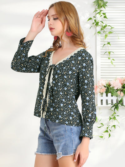 Floral Print Tie Up Open Front Scalloped Lace Trim Long Sleeve Top