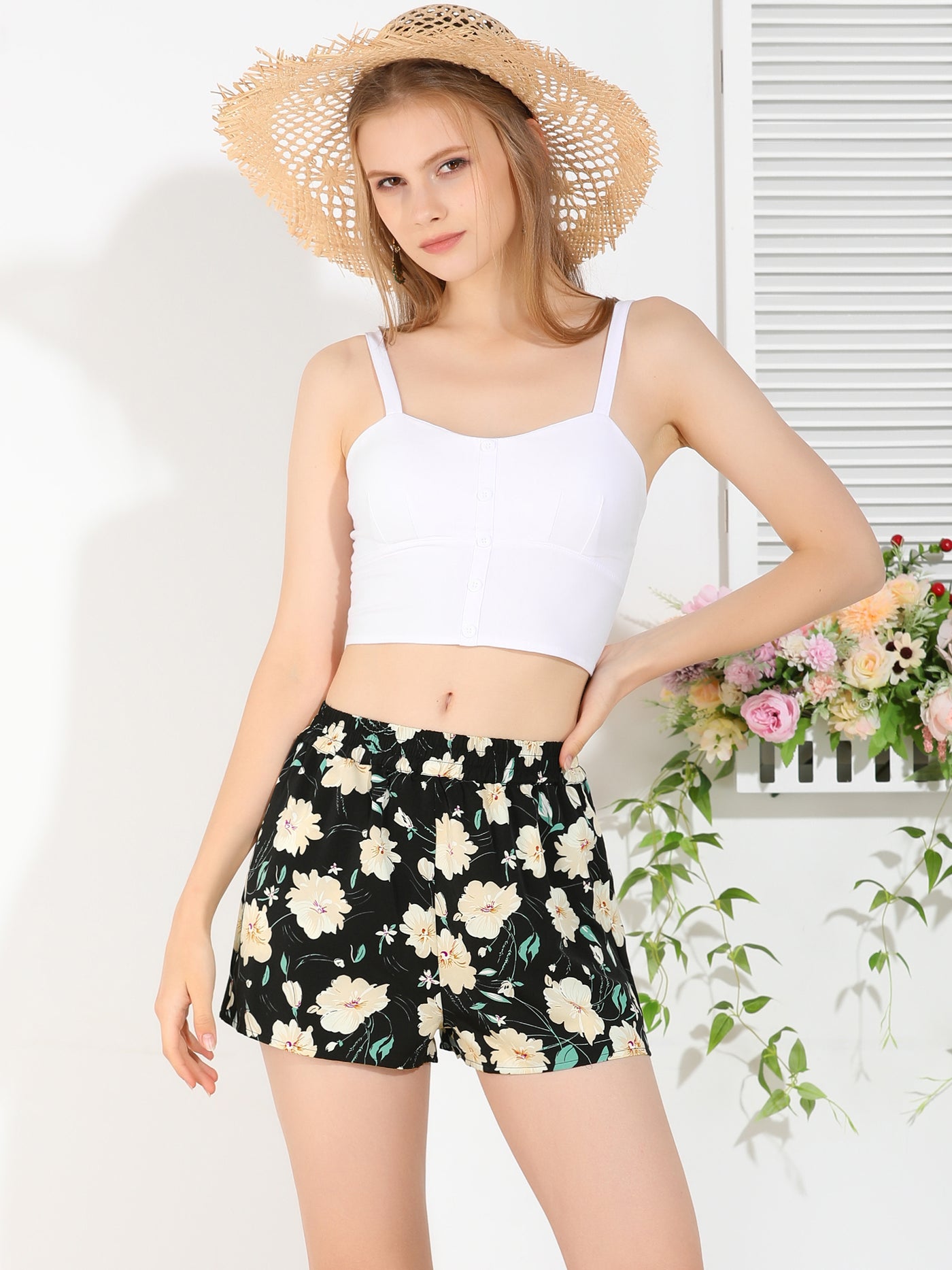 Allegra K Casual Elastic Waist Pockets Summer Beach Floral Shorts