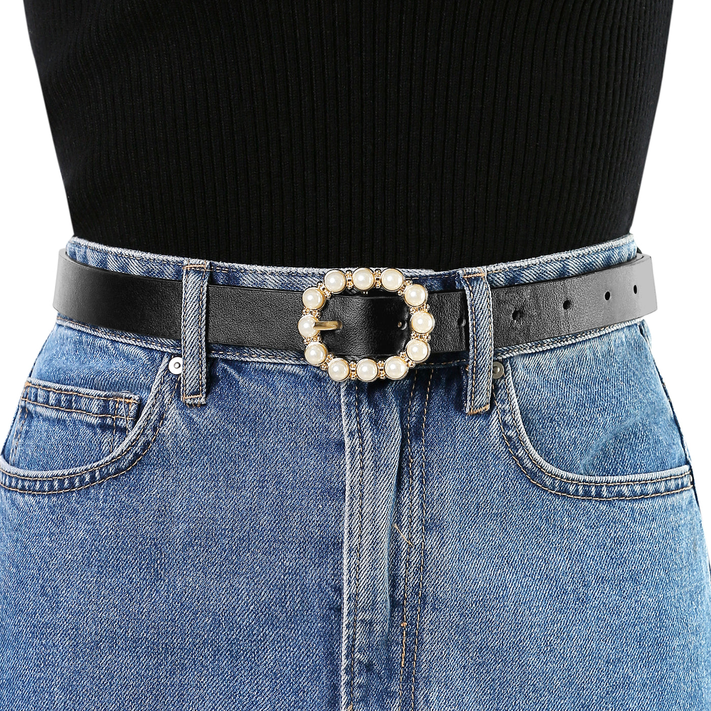 Allegra K Pearl Waistband Skinny Leather Adjustable Pin Buckle Belt
