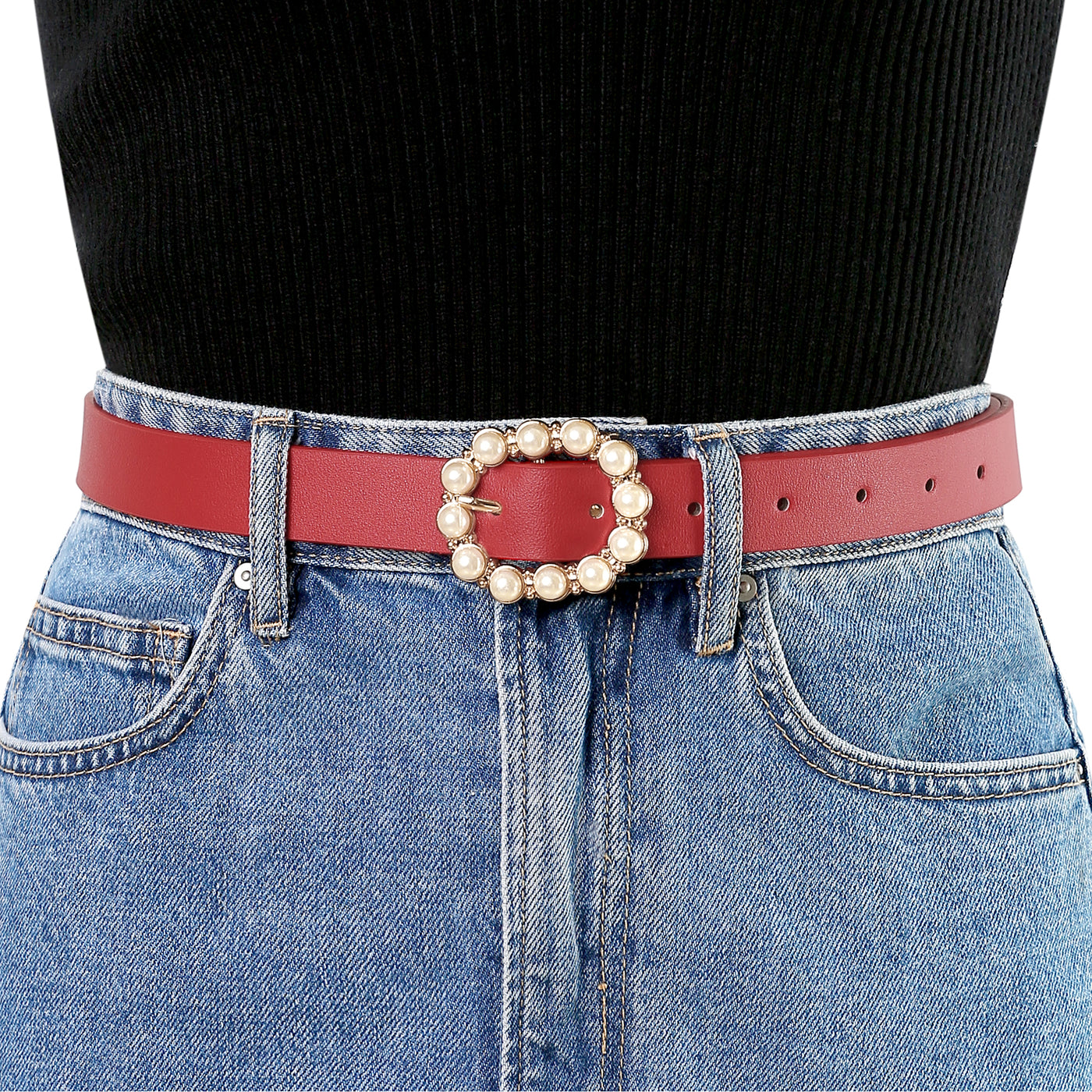 Allegra K Pearl Waistband Skinny Leather Adjustable Pin Buckle Belt