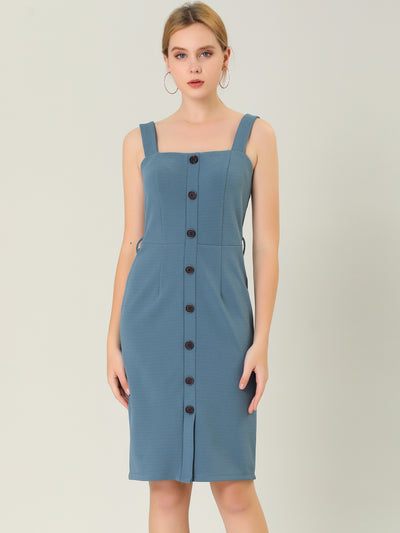Classic Button Front Sleeveless Tie Waist Pinafore Overall Dress