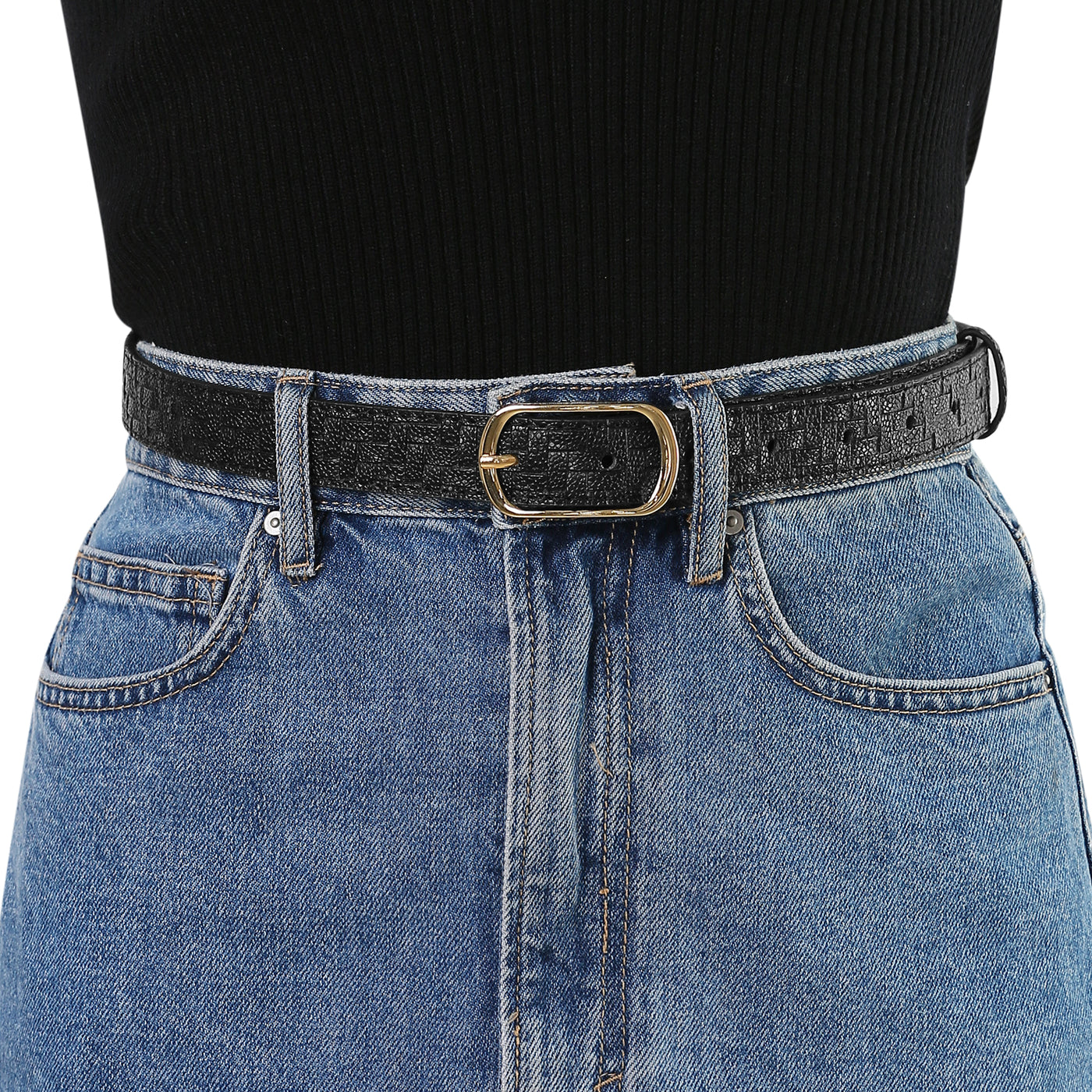 Allegra K Faux Leather Metal Pin Buckle Woven Waist Jeans Dress Belt