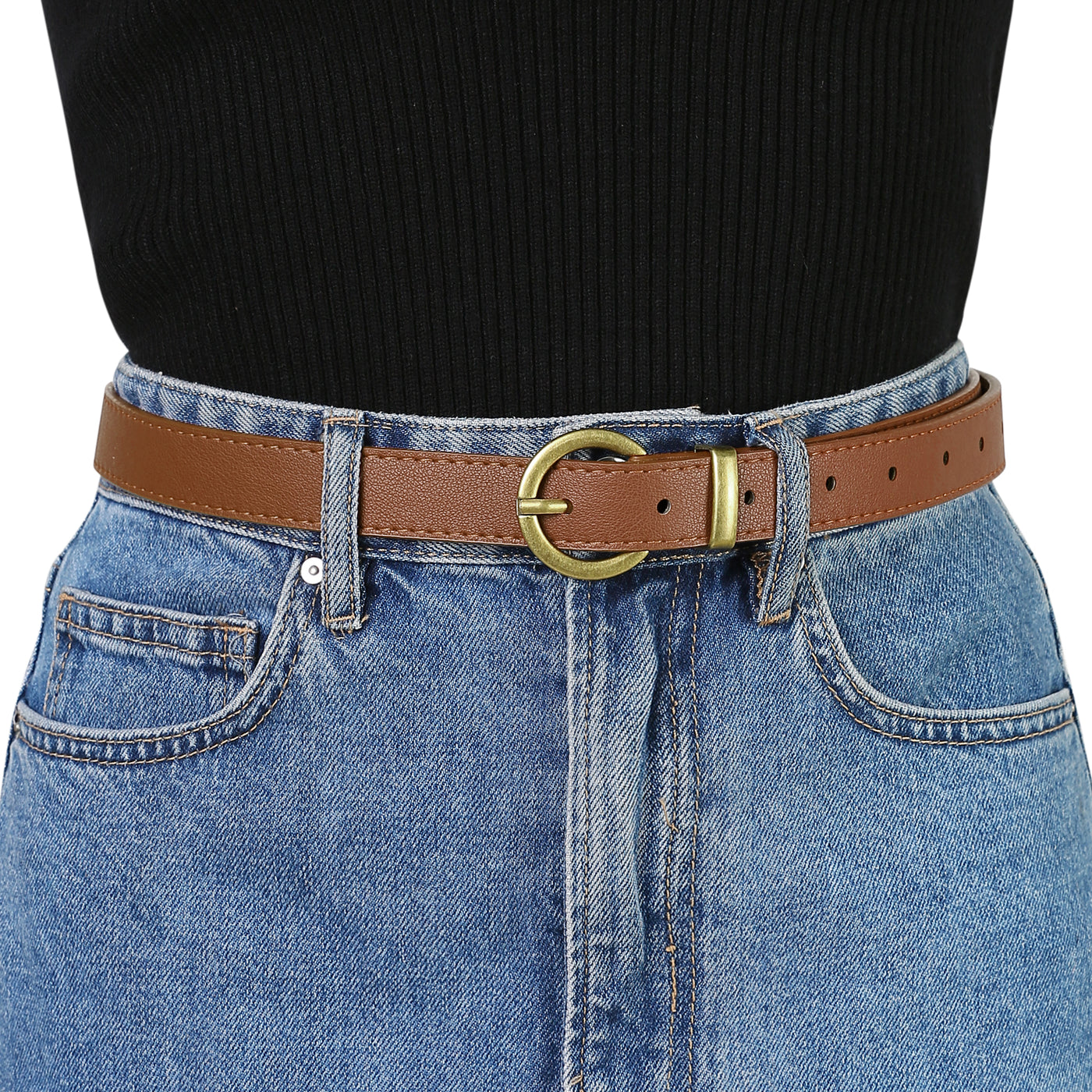 Allegra K PU Leather Bronze Metal Pin Buckle Thin Waist Jeans Dress Belts