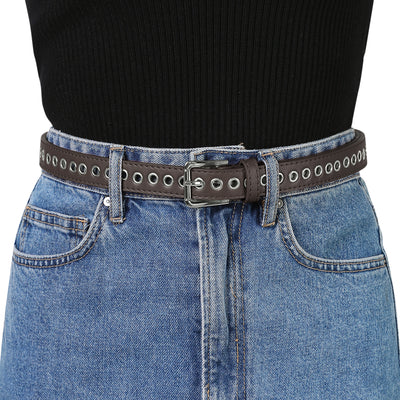 Women Grommet Belt PU Leather Metal Buckle Skinny Waist Hollow Belts