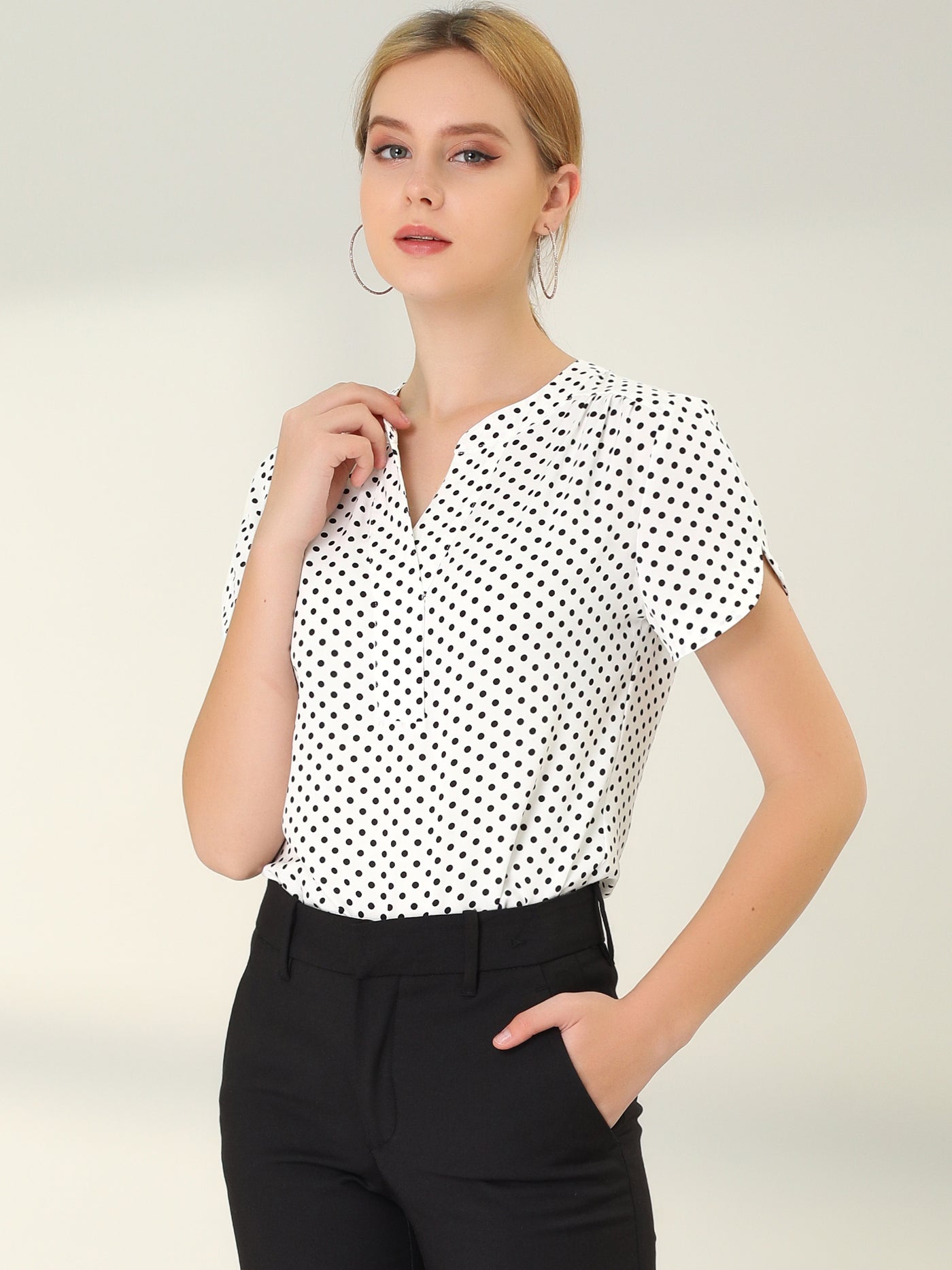 Allegra K Polka Dots Print V Neck Short Sleeve Elegant Work Office Tops