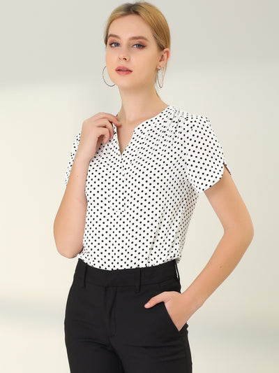 Polka Dots Print V Neck Short Sleeve Elegant Work Office Tops