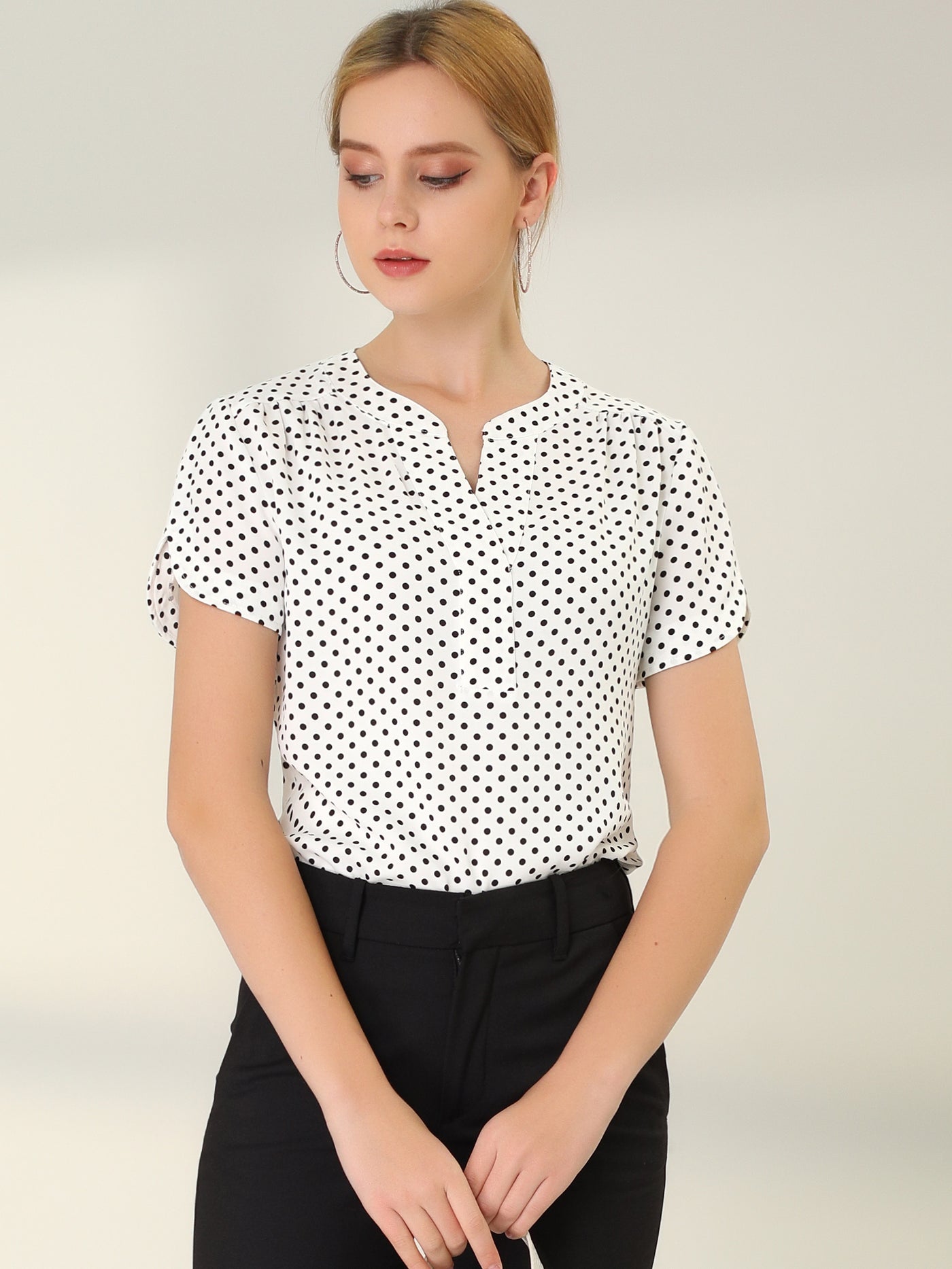 Allegra K Polka Dots Print V Neck Short Sleeve Elegant Work Office Tops