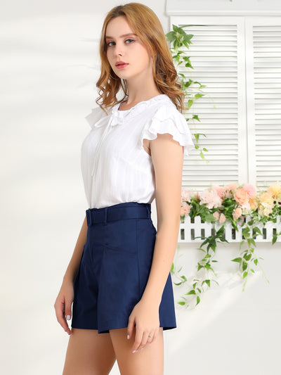 Summer Belted Cotton Work Office High Waist Shorts with Pockets