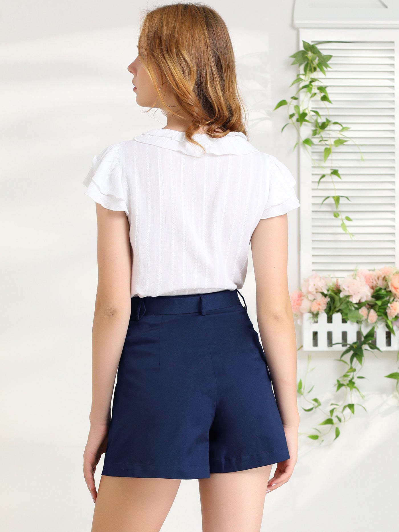 Allegra K Summer Belted Cotton Work Office High Waist Shorts with Pockets