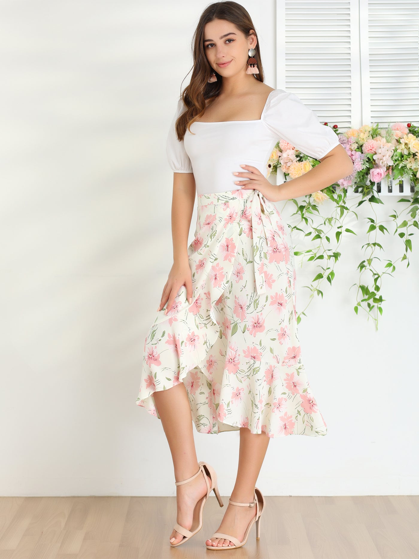 Allegra K Ruffle Wrap Tie Knot High-Low Split Midi Floral Skirt