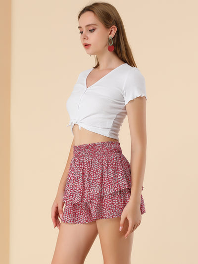 Floral Ruffle Smocked Waist Layered Skirt Shorts