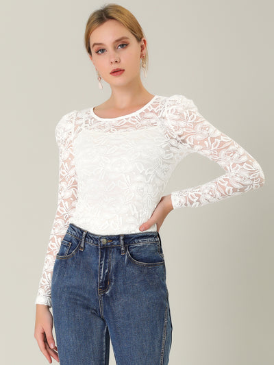 Retro Semi Sheer Puff Long Sleeve Embroidery Lace Blouse