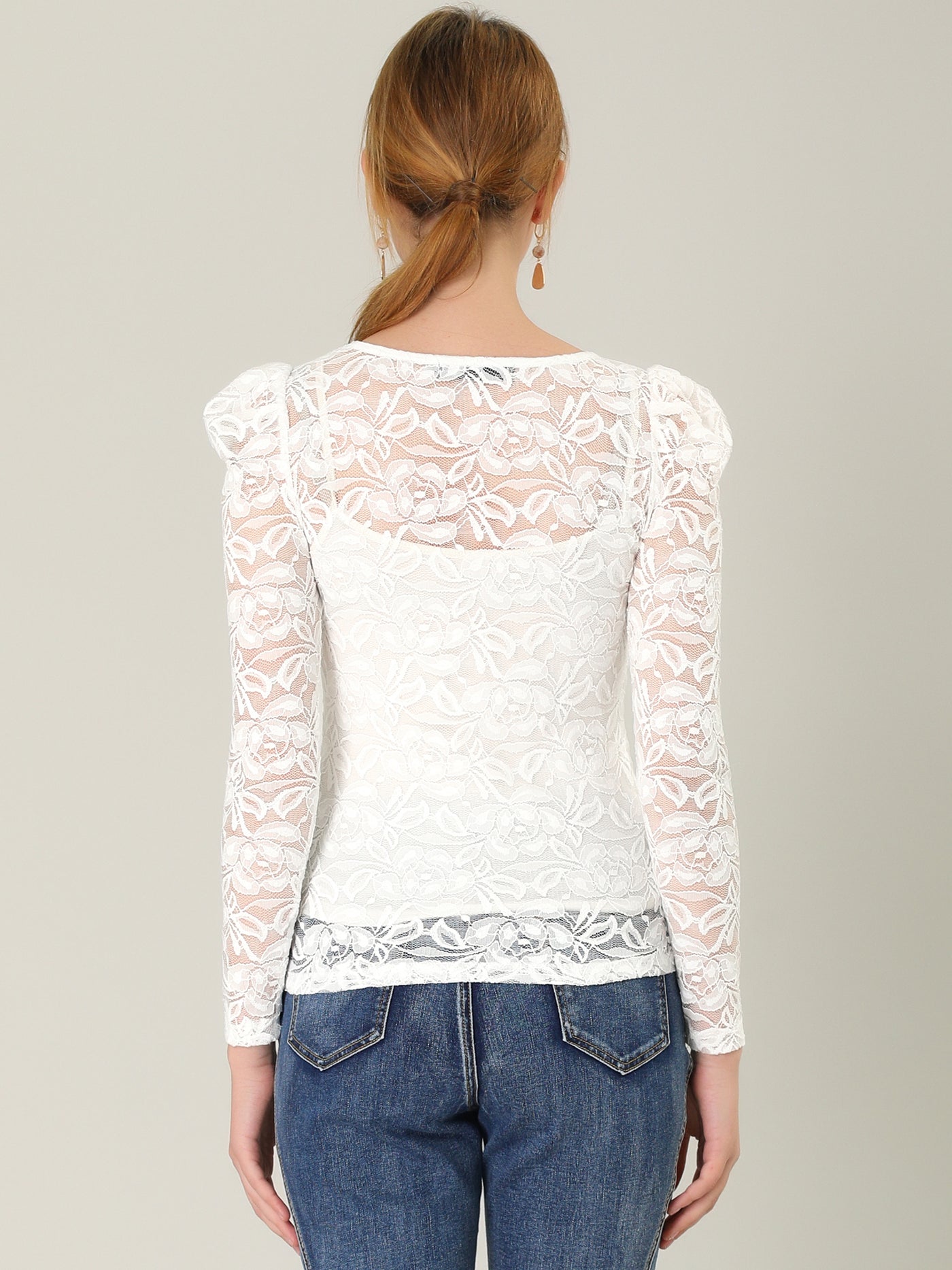 Allegra K Retro Semi Sheer Puff Long Sleeve Embroidery Lace Blouse