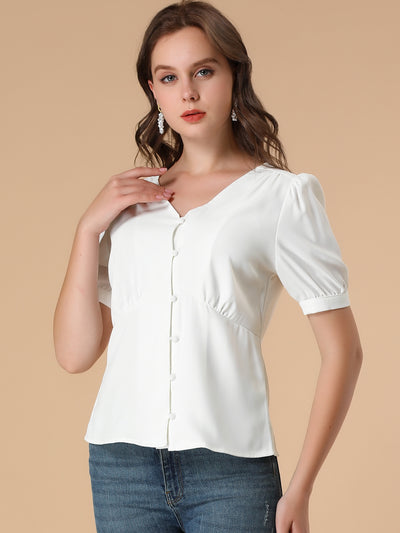 V Neck Office Button Front Puff Sleeve Blouse Top
