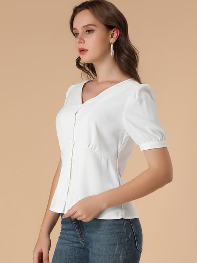 V Neck Office Button Front Puff Sleeve Blouse Top