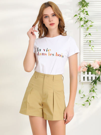 Summer Belted Cotton Work Office High Waist Shorts with Pockets
