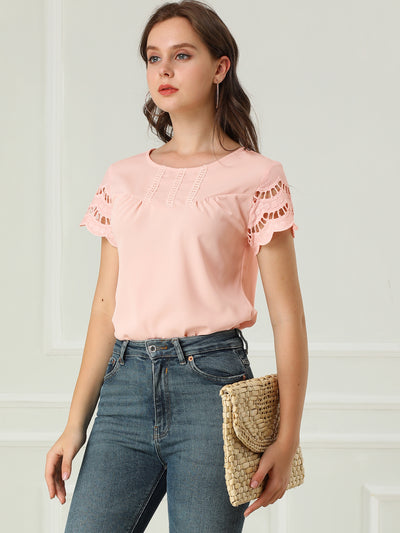 Lace Crochet Short Sleeve Solid Tops Blouse