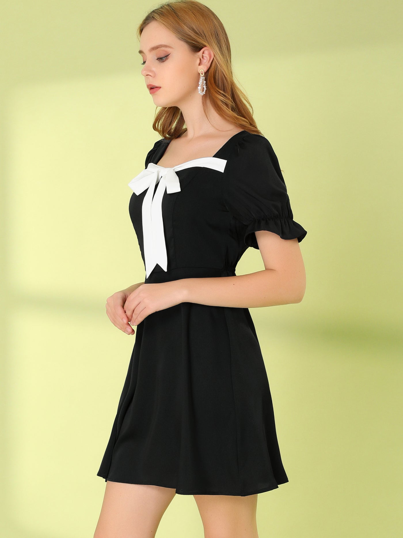 Allegra K Retro Short Sleeve Contrast Color a Line Satin Dress