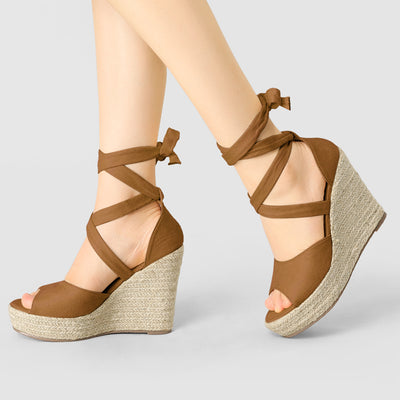 Faux Suede Lace Up Espadrille Wedge Heel Sandals