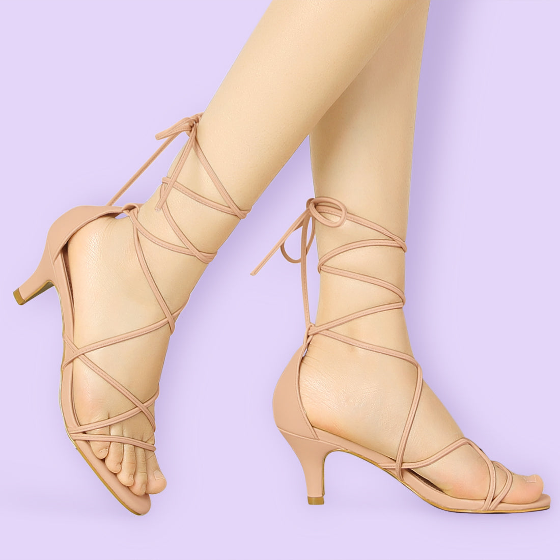 Allegra K Synthetic Leather Strappy Kitten Heel Lace Up Sandals