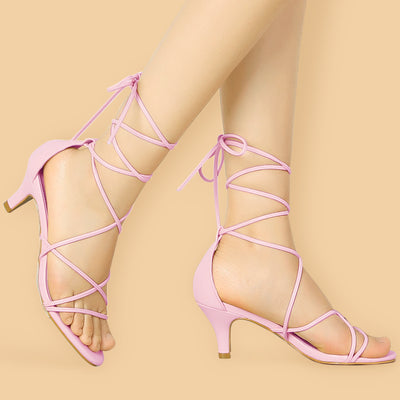Synthetic Leather Strappy Kitten Heel Lace Up Sandals