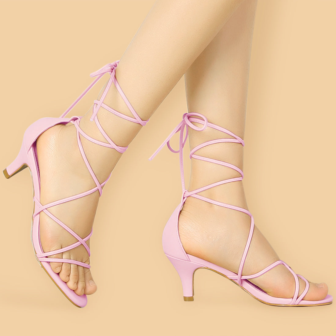 Allegra K Synthetic Leather Strappy Kitten Heel Lace Up Sandals