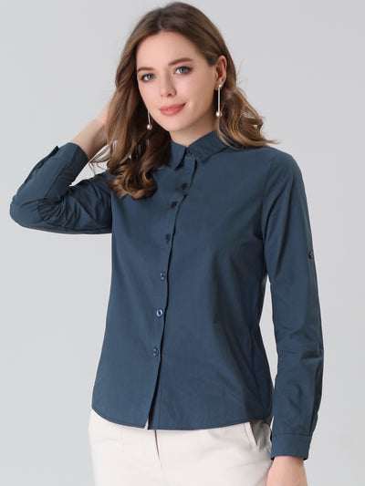 Button Down Point Collar Office Roll-up Long Sleeve Shirt