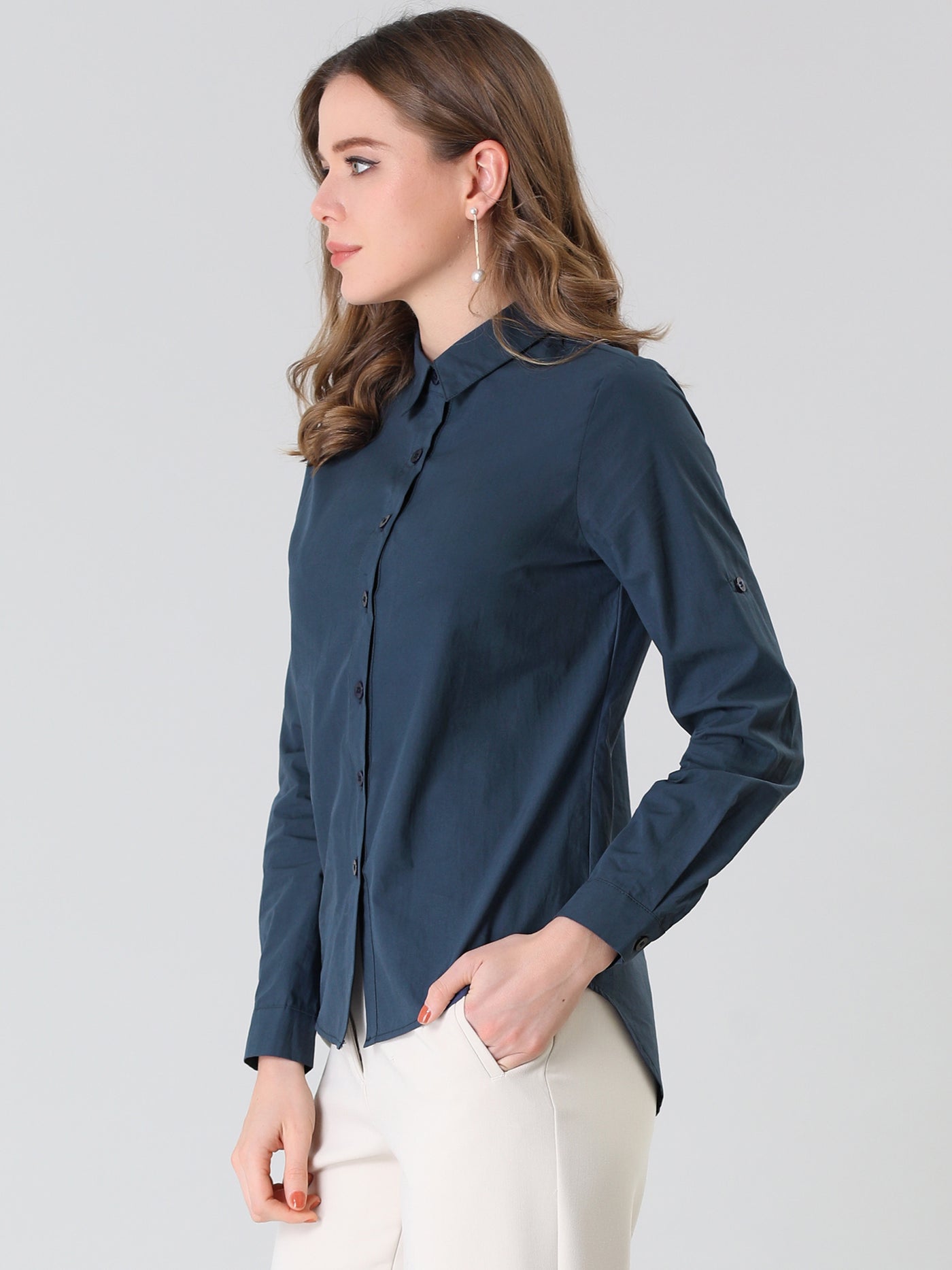 Allegra K Button Down Point Collar Office Roll-up Long Sleeve Shirt
