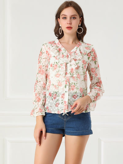 Floral Blouse Ruffle V Neck Long Sleeve Button Down Shirt Top