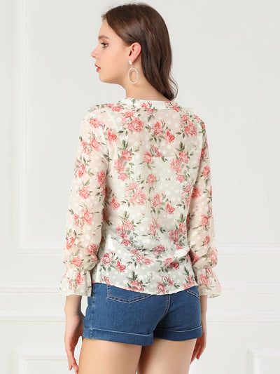Floral Blouse Ruffle V Neck Long Sleeve Button Down Shirt Top