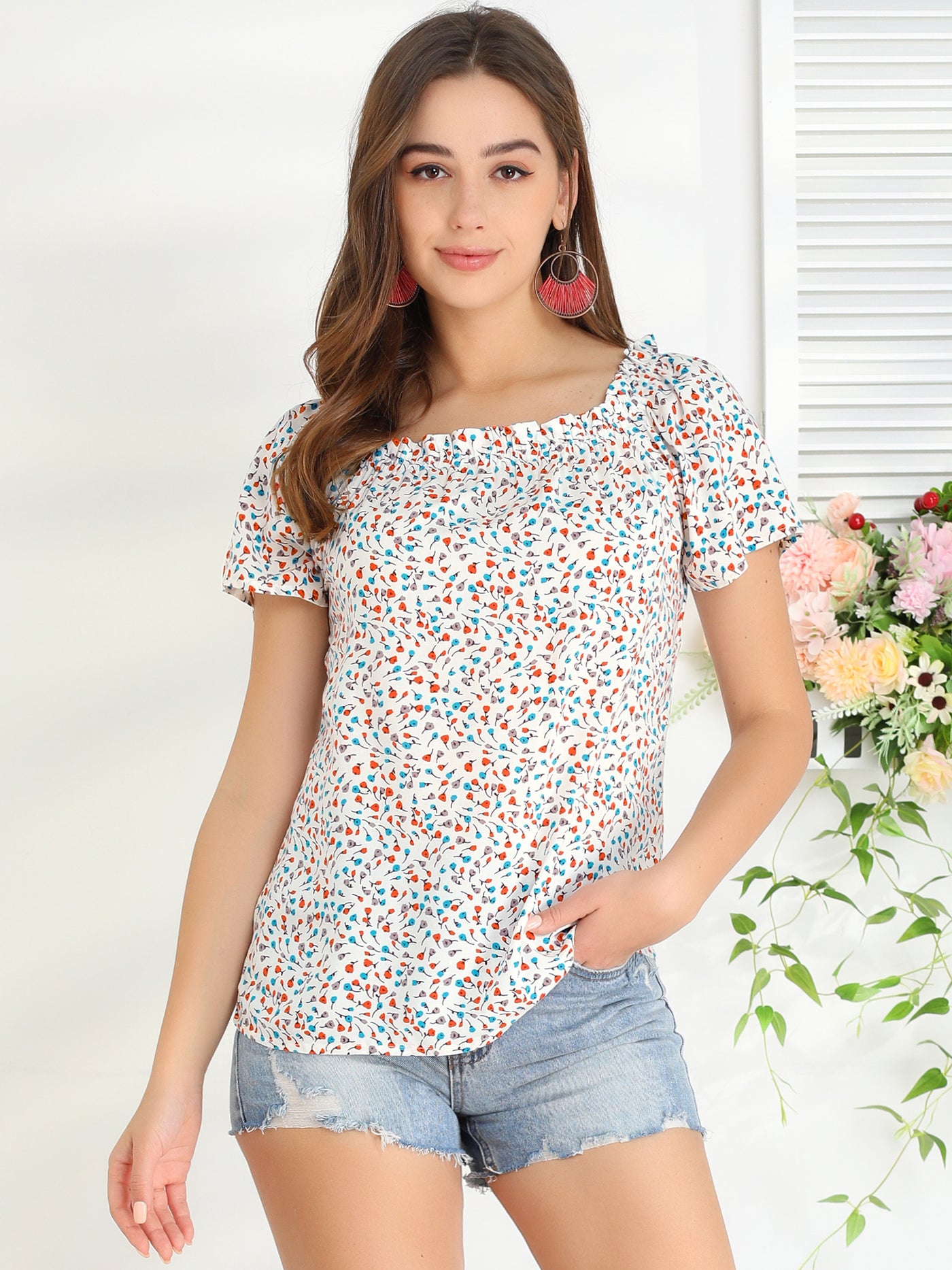 Allegra K Casual Square Ruffle Neck Blouse Short Sleeve Summer Floral Tops