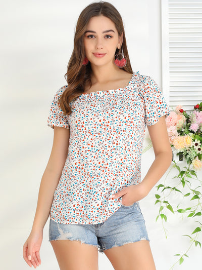 Casual Square Ruffle Neck Blouse Short Sleeve Summer Floral Tops