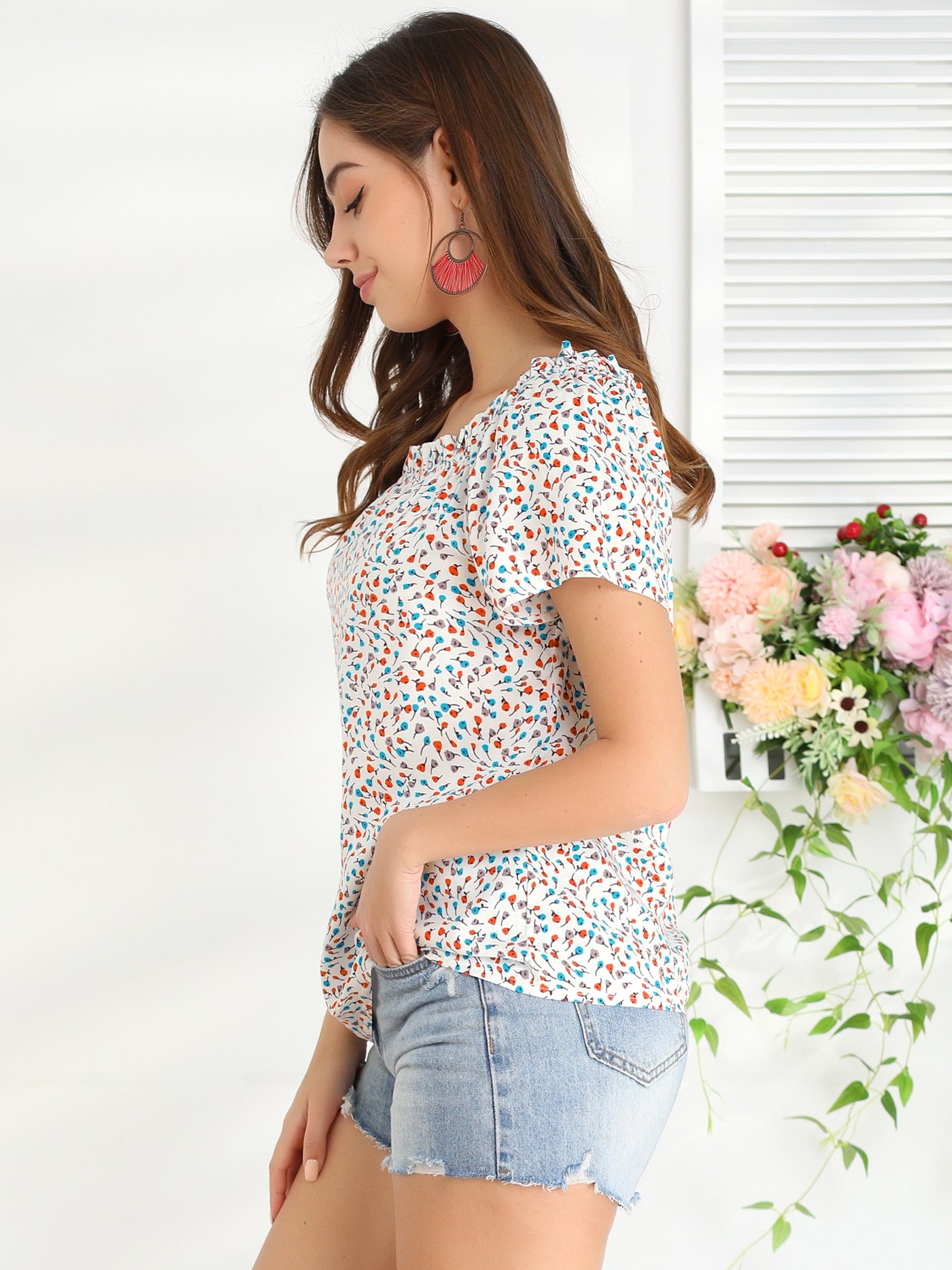Allegra K Casual Square Ruffle Neck Blouse Short Sleeve Summer Floral Tops