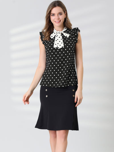Allegra K Dots Printed Tie Neck Contrast Color Office Work Blouse Top