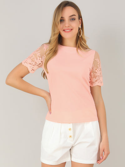 Floral Lace Short Sleeve T-Shirt Casual Round Neck Knit Blouse Top